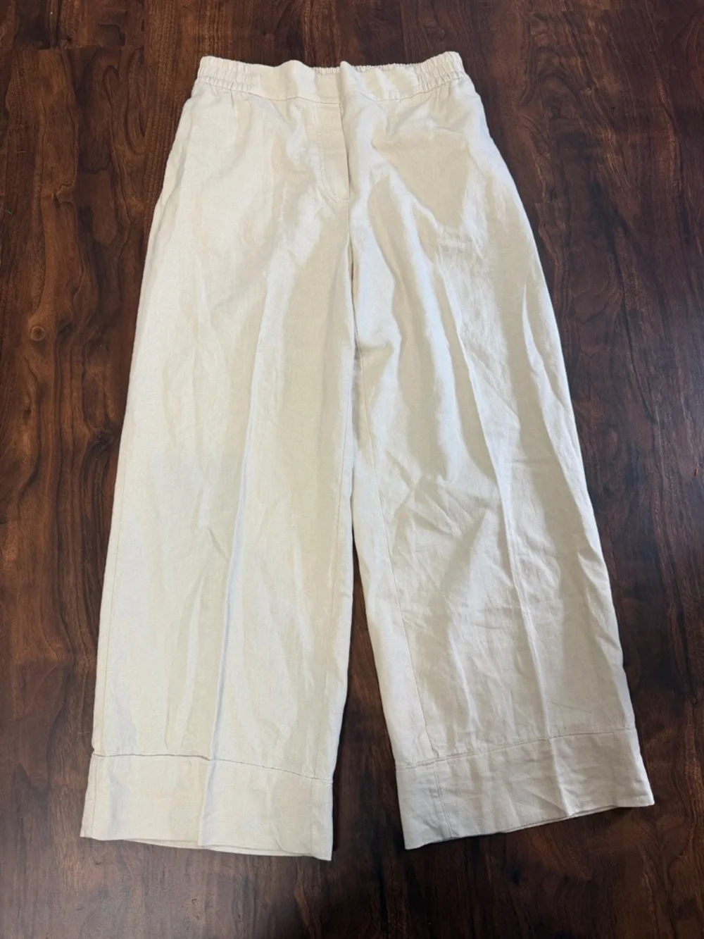 Zara Beige Linen Blend  Elastic Waist Straight Leg Pleated Pants